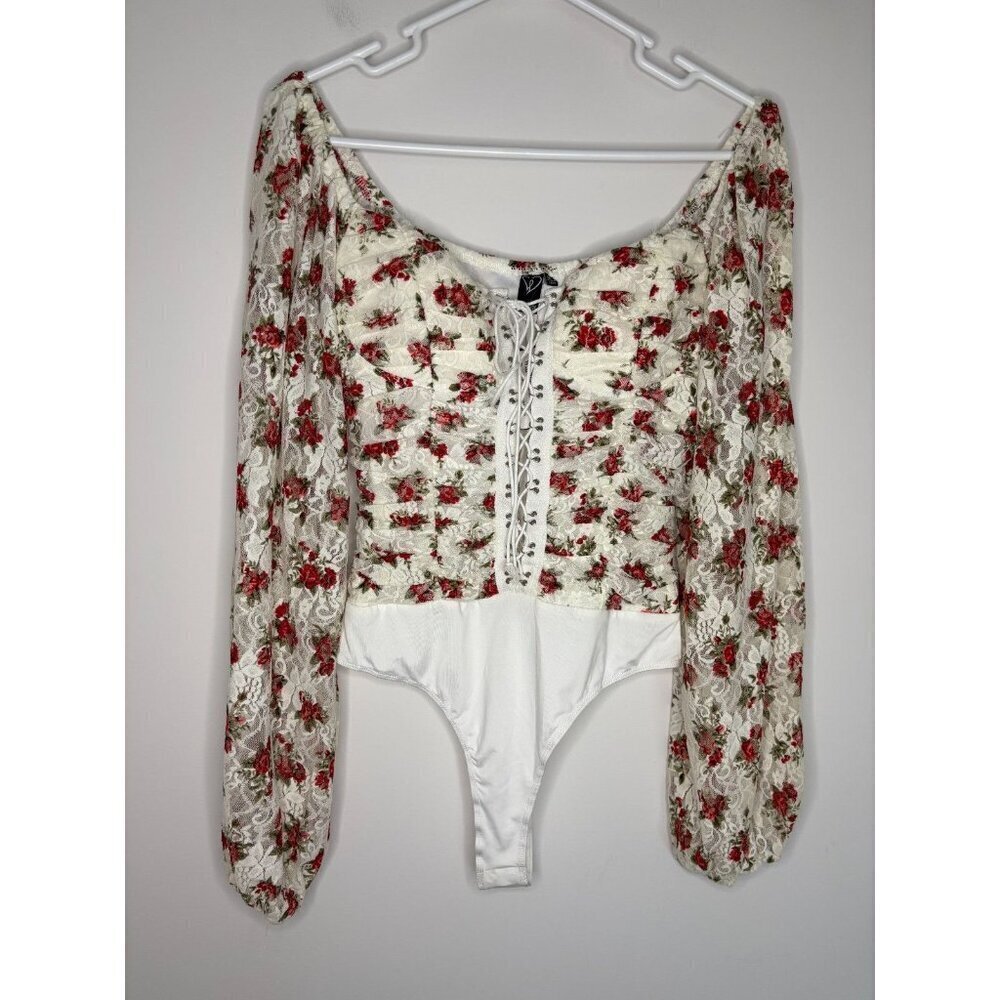 WINDSOR NEW Bodysuit Womens M Lace Floral Corset Lace Up Snap Sheer